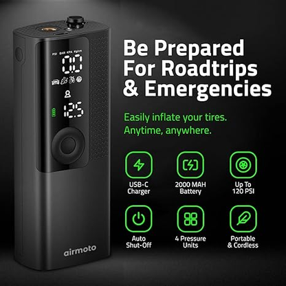 ✨ Airmoto Tire Inflator Portable Air Compressor - Air Pump For Car Tires with Digital Pressure Gauge, LED Light and Auto Shut-Off Function - Cordless Pump for Car, Motorcycle, Bicycle, Ball