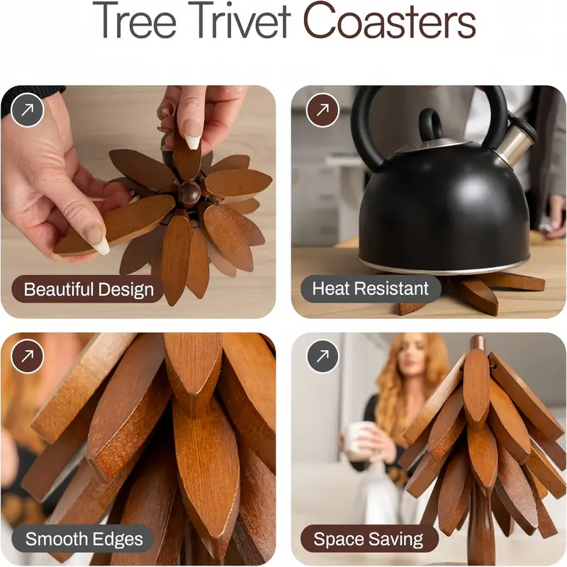 🔥Natural Tree-Shaped Insulating Mat Set - Heat-resistant and foldable design - Durable high-quality solid wood - Suitable for hot dishes, pots, bowls, teapots - Kitchen tableware coasters
