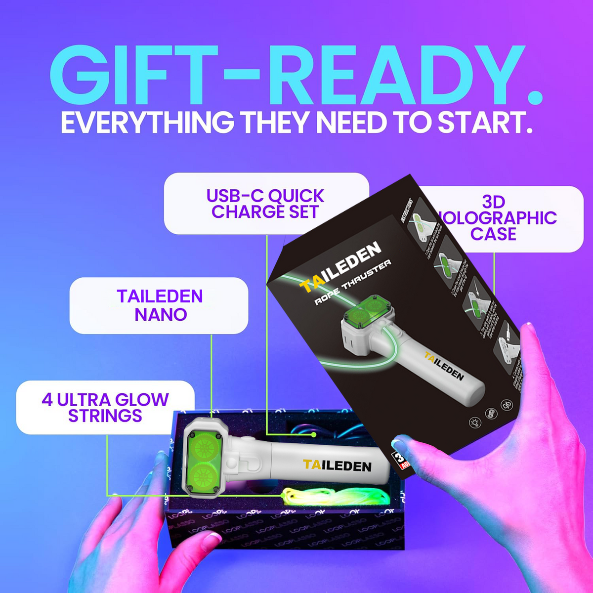 TAILEDEN—This patented glow-in-the-dark toy allows you to manipulate a loop to create endless shapes and fancy moves, with built-in LED lights for cool glow-in-the-dark fun.