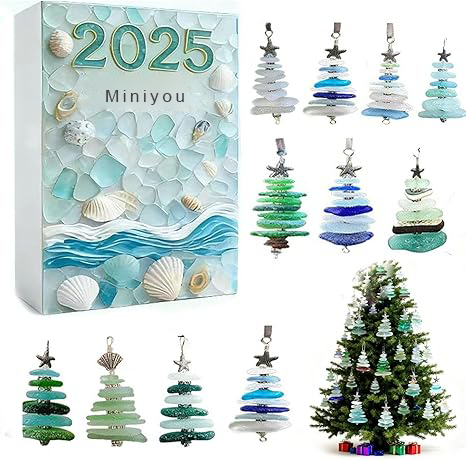 Christmas Tree Advent Calendar 2025, 24 Days Countdown Calendar with Mini Christmas Tree Ornaments, 2D Acrylic Coastal Holiday Décor for Ocean Lovers