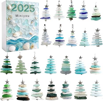 Christmas Tree Advent Calendar 2025, 24 Days Countdown Calendar with Mini Christmas Tree Ornaments, 2D Acrylic Coastal Holiday Décor for Ocean Lovers
