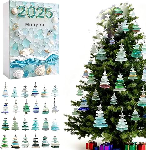 Christmas Tree Advent Calendar 2025, 24 Days Countdown Calendar with Mini Christmas Tree Ornaments, 2D Acrylic Coastal Holiday Décor for Ocean Lovers
