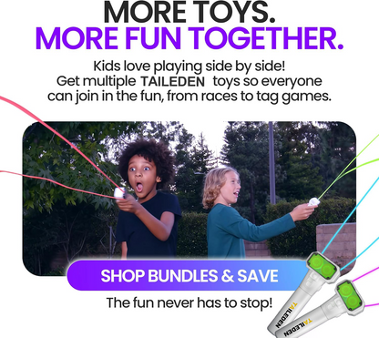 TAILEDEN—This patented glow-in-the-dark toy allows you to manipulate a loop to create endless shapes and fancy moves, with built-in LED lights for cool glow-in-the-dark fun.