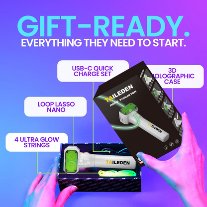 TAILEDEN—This patented glow-in-the-dark toy allows you to manipulate a loop to create endless shapes and fancy moves, with built-in LED lights for cool glow-in-the-dark fun.
