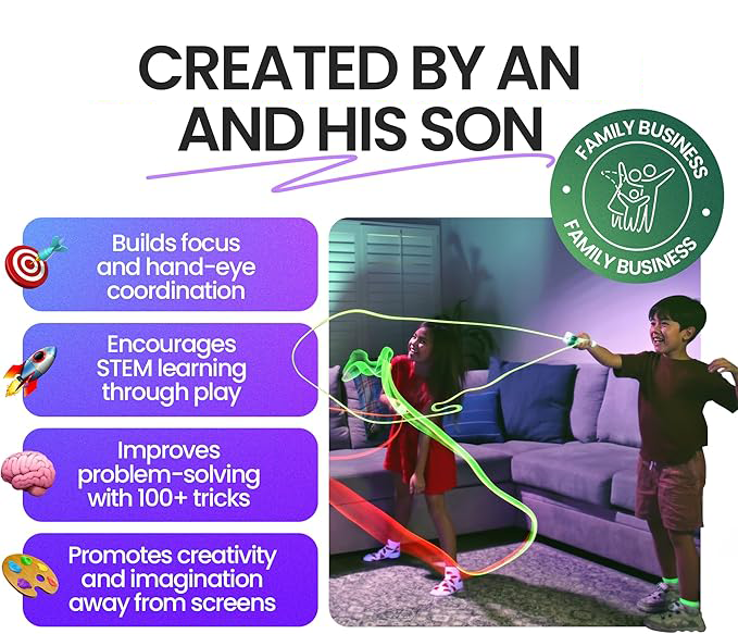 TAILEDEN—This patented glow-in-the-dark toy allows you to manipulate a loop to create endless shapes and fancy moves, with built-in LED lights for cool glow-in-the-dark fun.