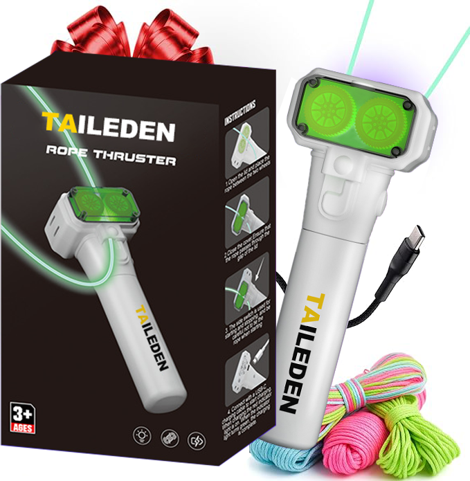 TAILEDEN—This patented glow-in-the-dark toy allows you to manipulate a loop to create endless shapes and fancy moves, with built-in LED lights for cool glow-in-the-dark fun.